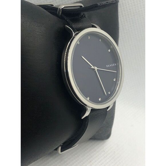 Skagen SKW2582 Women's Black Leather Analog Blue Dial Quartz Genuine Watch OL37 - Picture 3 of 9
